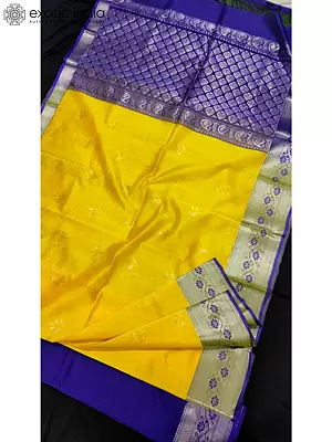 Sunflower Yellow Gadwal Pattu Saree With Blue Blouse