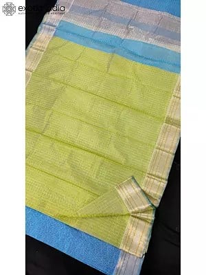 Lime Green Silk Saree With Blue Blouse
