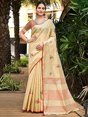 Linen Traditional Saree And Stripe Pattern Latkan Pallu With Blouse