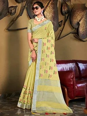 Linen Floral Motif Saree And Stripe Pattern Tassels Pallu With Blouse