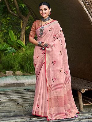 Linen Floral Rose Motif Saree And Tassels Pallu With Blouse