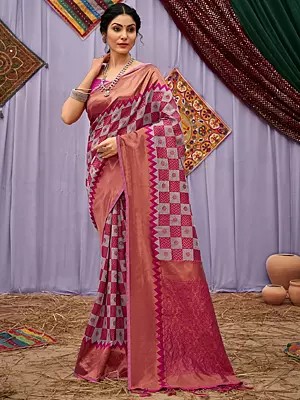 Cotton Square Pattern Saree With Tassels Anchal And Blouse