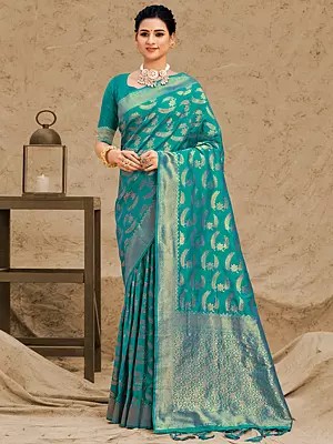 Silk Leaf Motif Saree With Floral Pallu And Blouse