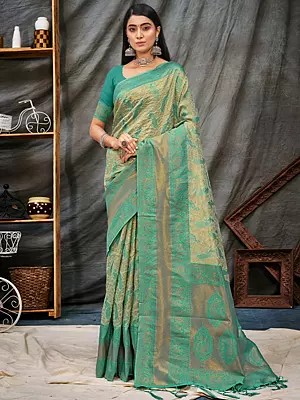 Organza Peacock Pattern Saree With Blouse And Latkan Anchal