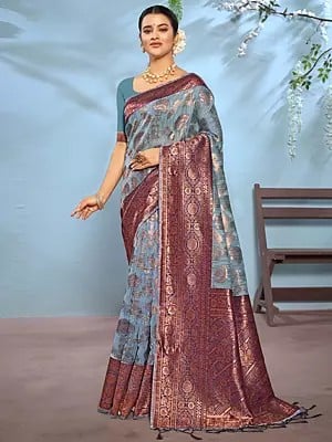 Cotton Floral Pattern Border Saree With Blouse And Tassels Pallu