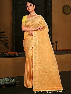 Kanjeevaram Silk Floral Motif Saree With Floral Pallu And Blouse