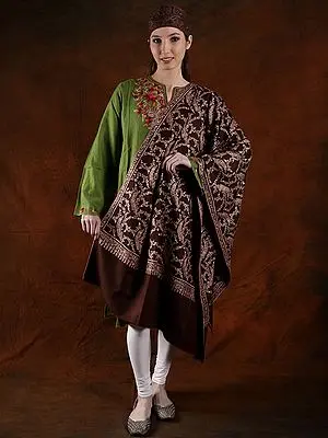 Chocolate-Plum Pashmina Machine Spun Jaal Pattern Cotton Embroidery Shawl