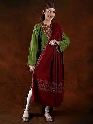 Rythmic-Red Pashmina Machine Spun Cotton Embroidery Extra-Wide Shawl With Floral Motif Palla (Unisex)