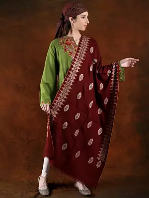 Winery Color Pashmina Handspun Shawl With Mughal Butti Hand Embroidery