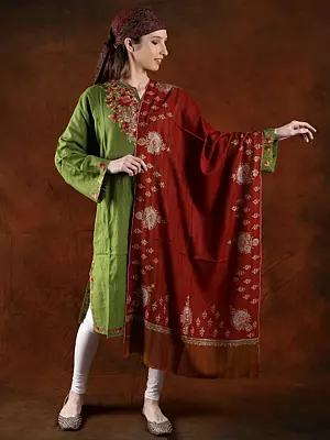 Pashmina Rythmic-Red Machine Spun Kani Shawl With Hand Embroidered Border