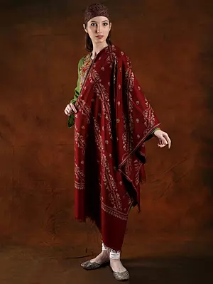 Sun-Dried Tomato Color Pashmina Handspun Shawl With All-Over Hand Embroidery