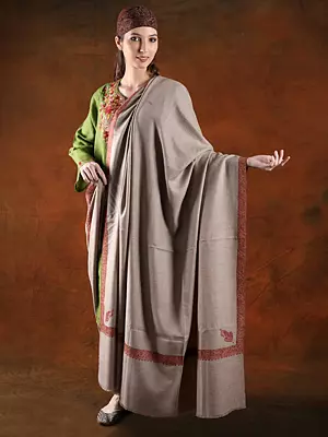 Peyote Color Pashmina Machine Spun Extra-Wide Shwal With Silk Embroidered Border