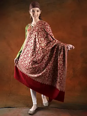 Haute-Red Machine Spun Jamawar Shwal With All-Over Handwoven Silk Embroidery