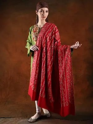 High-Risk Red Machine Spun Pashmina Shawl With Stripe Vine Pattern Cotton Embroidery