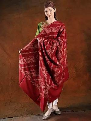 Barbados-Cherry Machine Spun Pashmina Shawl With Striped Jaal Pattern Silk Embroidery
