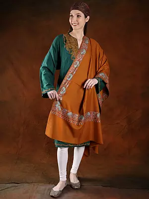 Peach-Caramel Machine Spun Pashmina Shawl With Floral-Paisley Motif Hand Embroidered Border