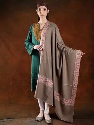 Travertine Color Pashmina Handspun Shawl With Multicolor Cotton Embroidered Border
