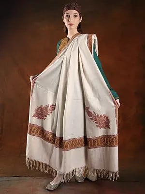 Cannoli-Cream Machine Spun Extra-Wide Pashmina Shawl With Multicolor Paisley Motif Cotton Embroidered Border (Unisex)