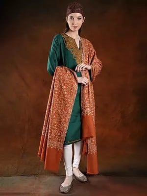 Pashmina Apricot-Orange Machine Spun Extra-Wide Shawl With Jaal Pattern Cotton Embroidery (Unisex)