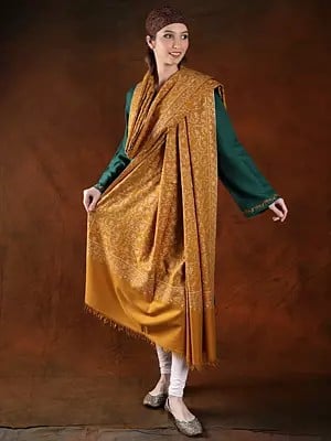Honey-Gold Machine Spun Pashmina Extra-Wide Shawl With Cotton Embroidered Paisley Jaal Pattern (Unisex)