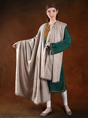 Oyster-Gray Extra-Wide Machine Spun Pashmina Shawl With Cotton Embroidered Border