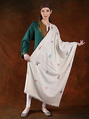 Snow-White Butterfly-Floral Motif Embroidered Pashmina Handspun Stole