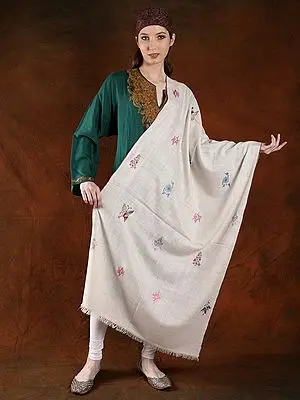 Snow-White Butterfly-Floral Motif Embroidered Pashmina Handspun Stole
