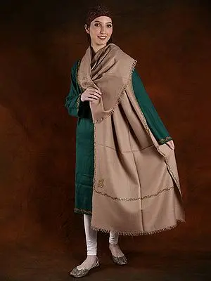 Natural Colored Floral Vine Pattern Border Embroidered Pashmina Handspun Stole