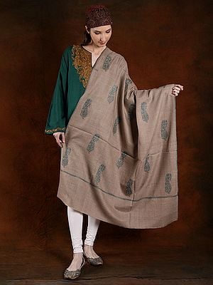 White-Pepper Pashmina Handspun Shwal With Kalka Silk Embroidery