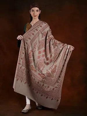 Feather-Gray Pashmina Machine Spun Jamawar Shawl With Floral Paisley Silk Embroidery
