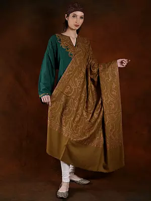 Butternut Color Silk Embroidered Phool-Kalka Pattern Pashmina Handspun Shawl