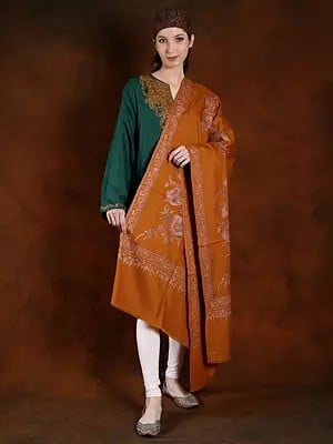 Orange-Papper Machine Spun Floral Cotton Embroidered Pashmina Shawl