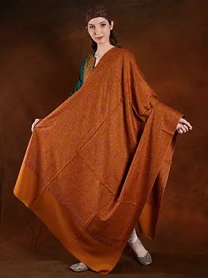 Honey-Ginger Machine Spun Kalka Jaal Motif Multicolor Cotton Embroidered Shawl