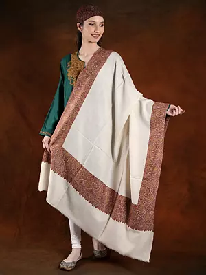 Cannoli-Cream Hand Spun Cotton Embroidered Border Pashmina Shawl