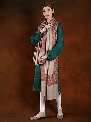 Feather-Gray Pashmina Machine Spun Multicolor Silk Embroidered Border Shawl