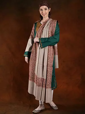Oyster-Gray Mango Motif Machine Spun Silk Embroidered Border Pashmina Shawl