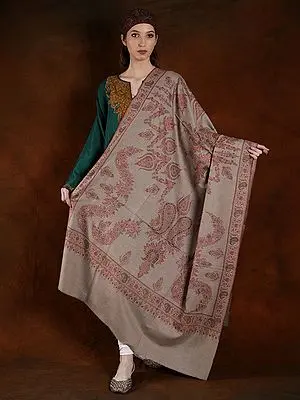 Cement Color Machine Spun Cotton Kalka Motif Embroidered Pashmina Shawl
