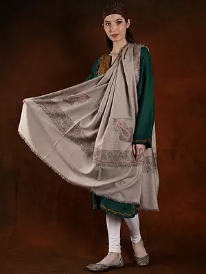 Crockery Color Pashmina Machine Spun Multicolor Paisley Embroidered Shawl