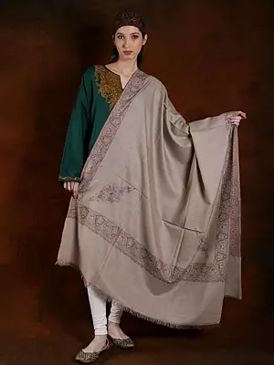 Tranch-Coat Machine Spun Cotton Embroidered Border Pashmina Shawl