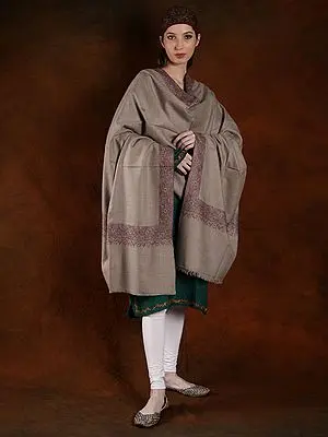 White-Pepper Pashmina Machine Spun Cotton Embroidered Floral Border Shawl