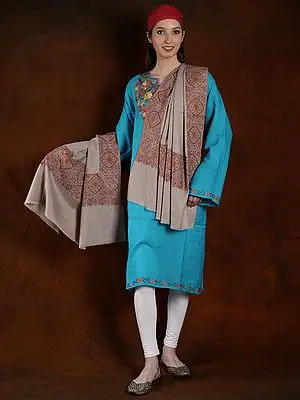 Pashmina Machine Spun Silk Embroidered Crockery Color Shawl