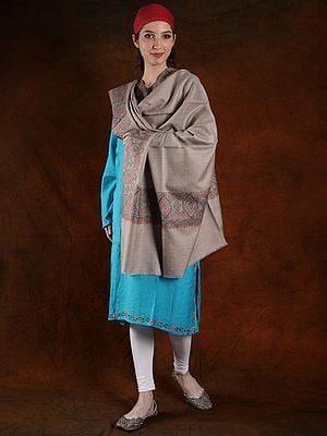 Feather-Gray Machien Spun Pashmina Shawl With Silk Embroidered Border