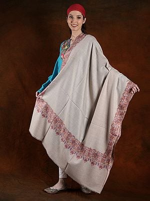 French-Oak Pashmina Machine Cotton Floral Pattern Border Embroidered Shawl