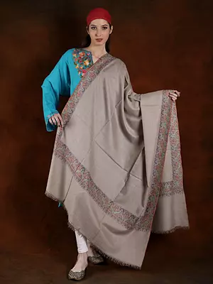 Plaza-Taupe Machine Cotton Embroidered Paisley Motif Border Pashmina Shawl