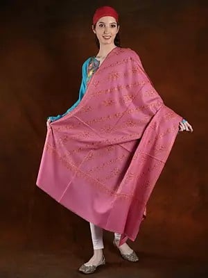 Tea-Rose Paisley Stripe Motif Machien Spun Silk Embroidered Pashmina Shawl