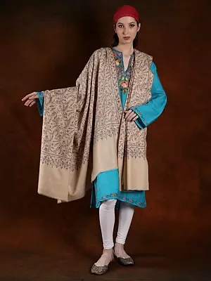 Wood-Ash Handspun Floral Vine Pattern Munticolor Silk Embroidered Extra-Wide Pashmina Shawl (Unisex)