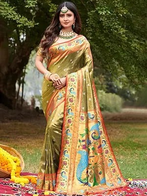 Paithani Floral Saree Broad Golden Pallu and Blouse
