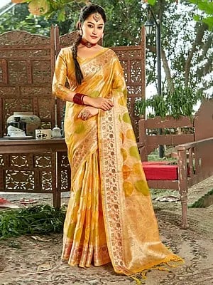 Organza Traditional Tassel Saree with Gold Flora Border and Blouse