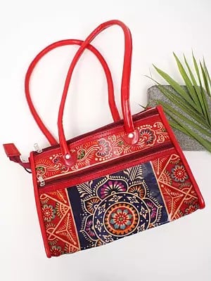Blue-Red Shantiniketan Leather Hand-Bag with Printed Flower