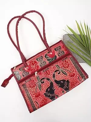 Mars-Red Elephant Print Shantiniketan Leather Hand Bag